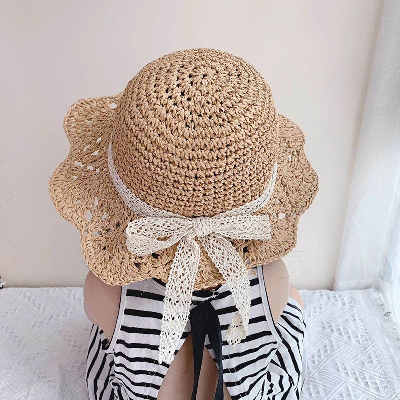 Chapeau de paille tissé à bord de pétale pour bébé, chapeau de Protection solaire,